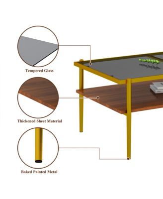 Rectangle 2 Tier Coffee Table, Center Table with Tempered Glass Top and Wood Storage Shelf for Living Room and Small Space