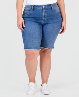 Plus Size Denim Raw-Edge Bermuda Shorts