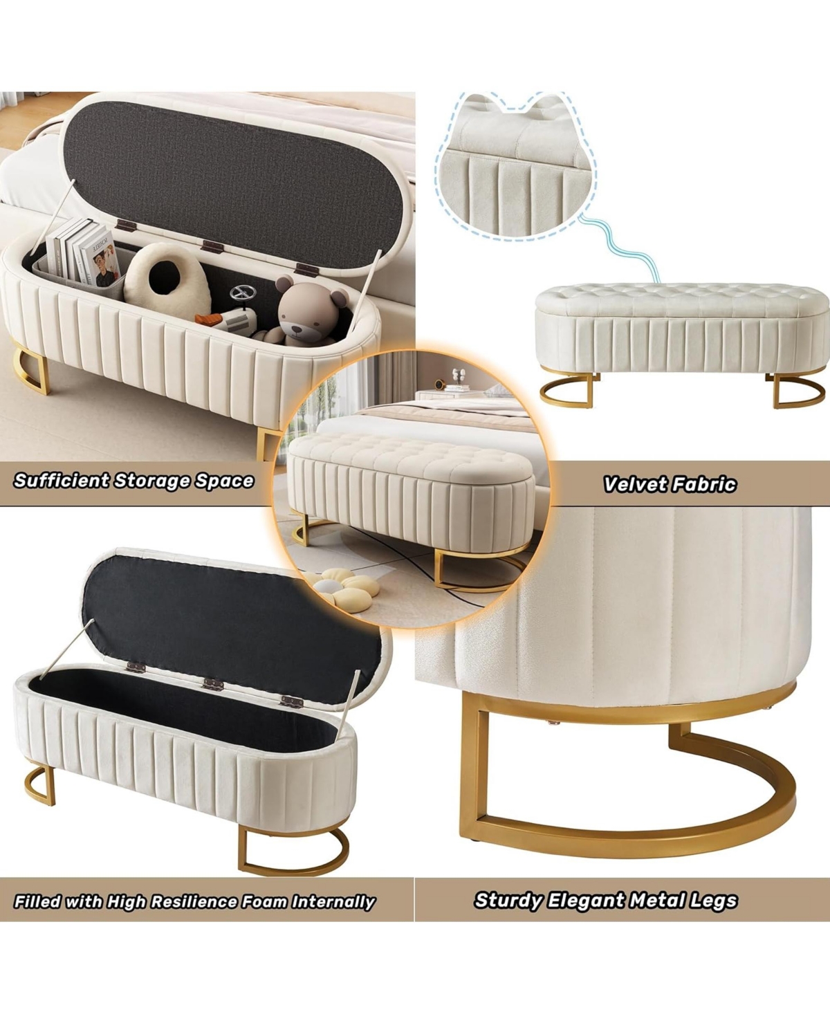 Rainsken Velvet Upholstered Storage Ottoman with Button Tufting and Metal Legs