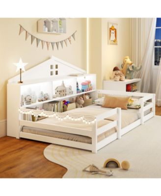 Montessori Floor Bed with Storage Compartments and Shelf