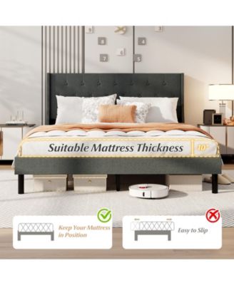 Upholstered Bed Frame with Button Tufted Wingback Headboard and Wooden Slats Support Mattress Foundation