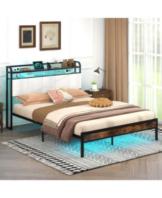 Queen Size Bed Frame with LED Light and Charging Station