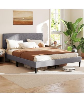 Queen Size Bed Frame Modern Platform Bed with Linen Fabric Upholstered Headboard