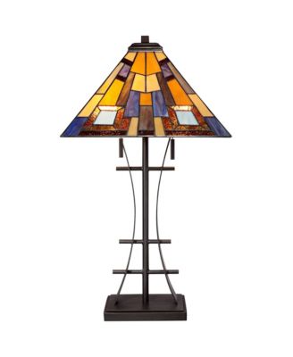 Jewel Tone Mission Style Table Lamp 27" Tall Iron with Tabletop Dimmer Art Glass Shade for Bedroom Living Room Bedside