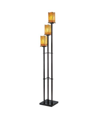 Style Floor Lamp with USB Charging Port 3-Light 72" Tall Amber Art Glass Shade for Living Room Reading
