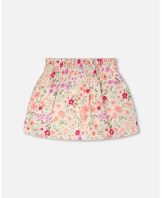Little Girls Muslin Skort Off White Printed Flowers