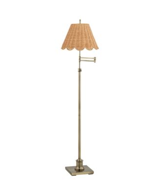 Westbury Natural Cottage 70" Tall Standing Floor Lamp Swing Arm Adjustable Gold Metal Antique Brass Finish Scalloped Rattan Shade
