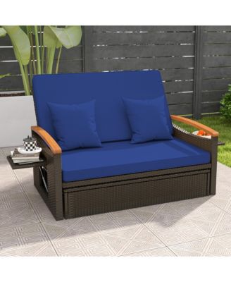 Outdoor Wicker Daybed Patio Loveseat and Storage Ottoman Set w/ Navy Cushions