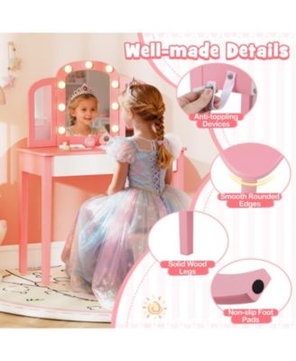 2-in-1 Kids Vanity Table Set with Tri-Folding Detachable Mirror and LED Lights