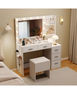 Makeup Table and Stool Set with Hair Dryer Stand and 5 Drawers