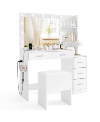 Makeup Table and Stool Set with Hair Dryer Stand and 5 Drawers