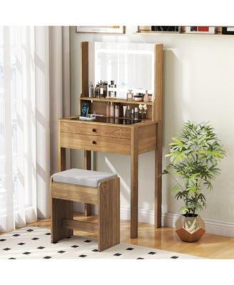 Small Vanity Desk with LED Mirror and Cushioned Stool for Small Spaces