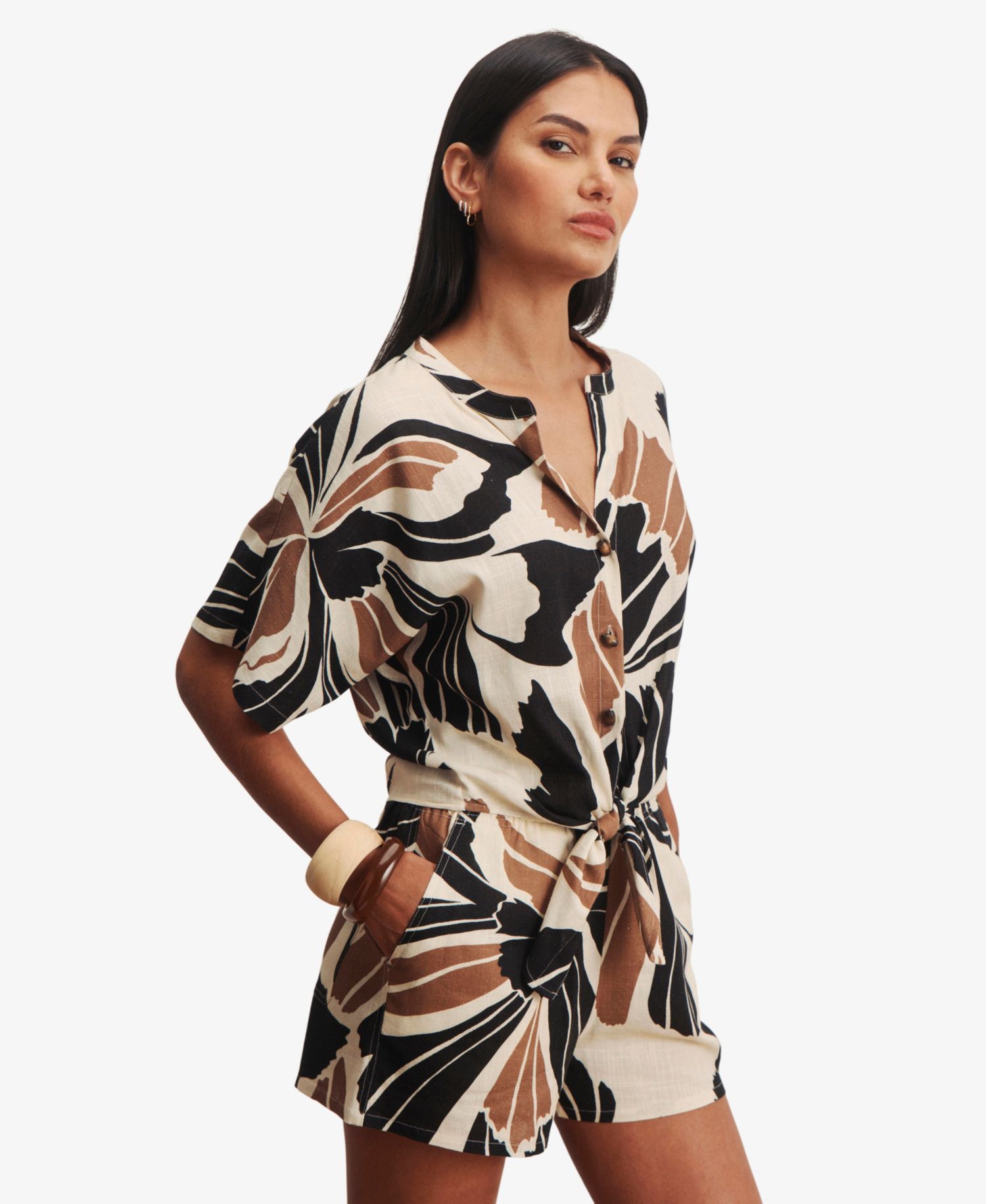 Women's Tie-Front Cap-Sleeve Collared Blouse