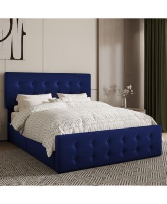 Bed Frame 4 Storage Drawers Linen Upholstered Headboard Wooden Slats No Box Spring Button Tufted