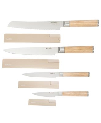 14 Piece Full Tang Forged Light Pakka Wood Kitchen Knife Set with High Carbon German Steel Blades and Protective Sheaths.