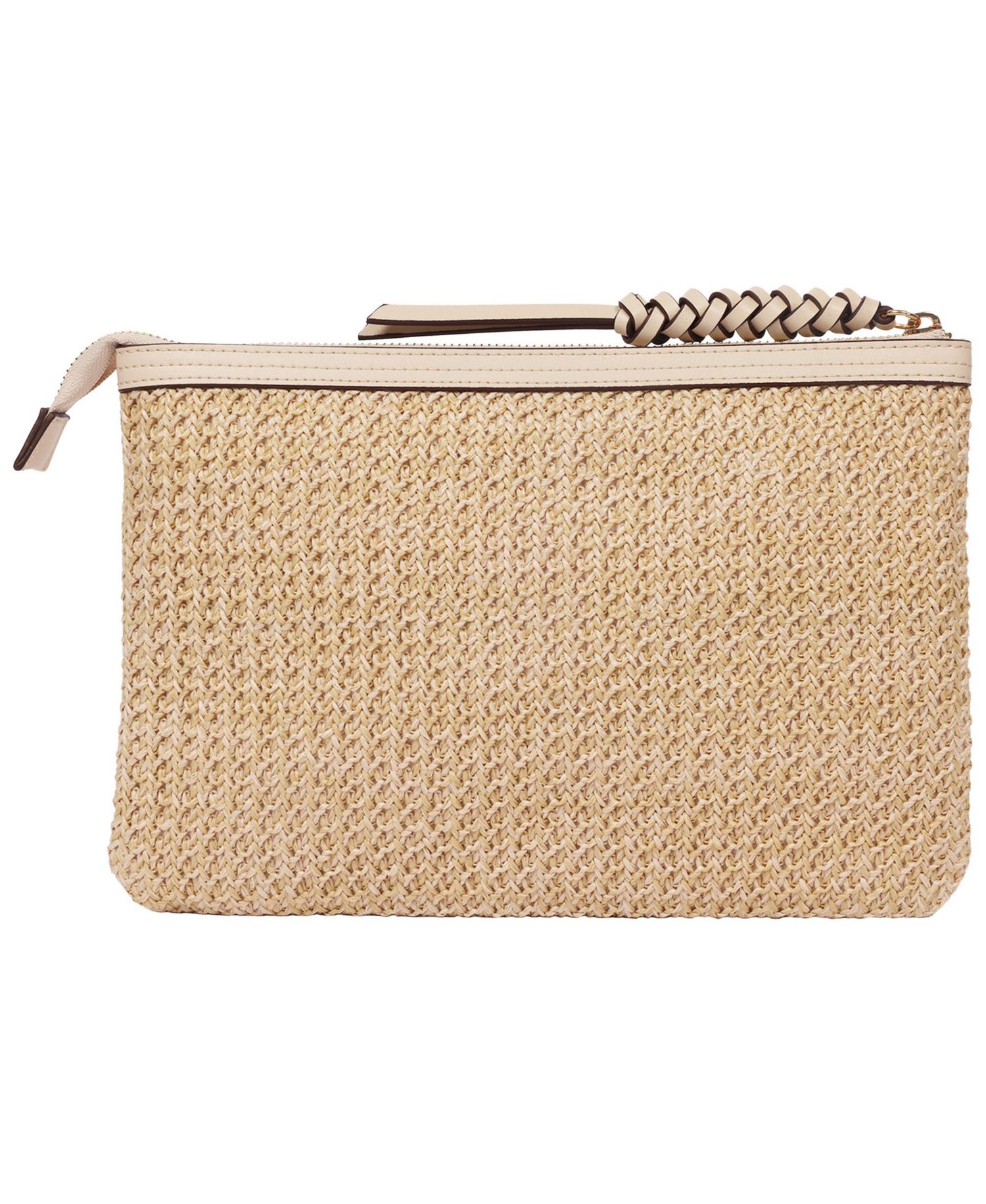 Happy Vacay Raffia Clutch - Woven Straw Zip Pouch with Embroidered Lettering