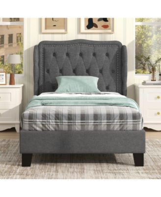 Bed Frame with Button Tufted Wingback Headboard Storage