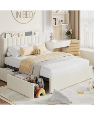 Bed Frame Storage Headboard 2 Drawers Boucle Upholstered Platform Bookcase Easy Assembly No Box Spring
