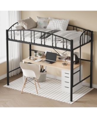 Loft Bed-Heavy Duty Metal Frame-Arched Guardrail Safety Ladder-Space Saving Compact Bed Frame