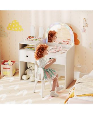 Kids Vanity Desk and Chair Set with Colorful Lights and Open Shelves
