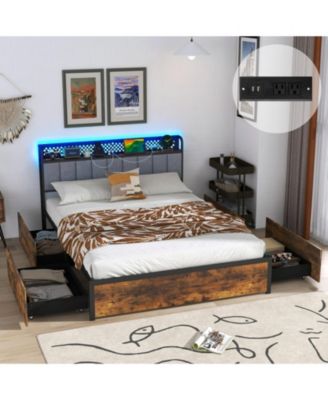 Metal Platform Bed Frame with LED Lights and Storage Drawers and Headboard