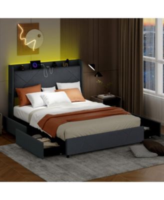 Queen Metal and Wood Bed Frame with LED Lights and Charging Station