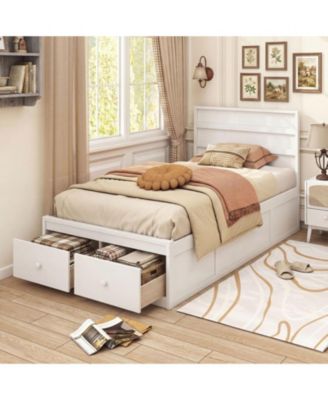 Twin Solid Wood Platform Bed Frame with Storage Drawers and Headboard