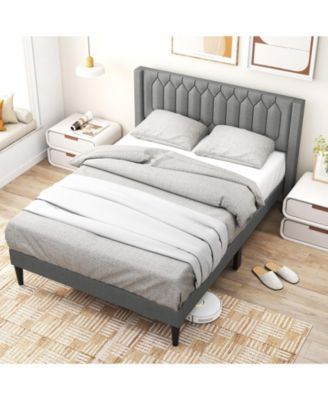 Upholstered Platform Bed with Wingback Headboard and Slats
