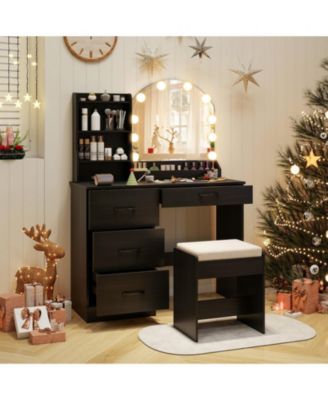 Makeup Vanity Desk and Stool Set with LED Lighted Mirror and Charging Station