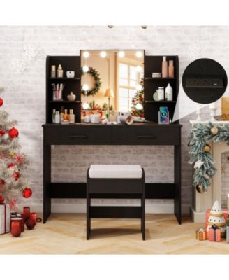 Makeup Vanity Set with Lighted Mirror Power Outlet and Cushioned Stool