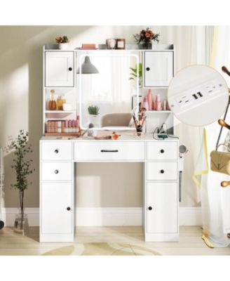 Makeup Vanity Desk with LED Lighted Mirror and Built-In Charging Station
