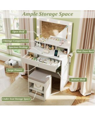 31.5 in Vanity Desk with 3 Lighting Modes and Storage Shelves