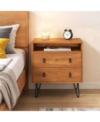 Mid-Century Modern 2-Drawer Nightstand with Open Storage Compartment