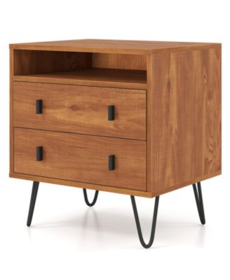 Mid-Century Modern 2-Drawer Nightstand with Open Storage Compartment