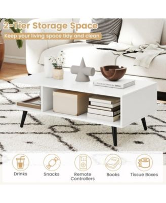 31.5 in Mid-Century Modern 2-Tier Coffee Table with Open Compartments