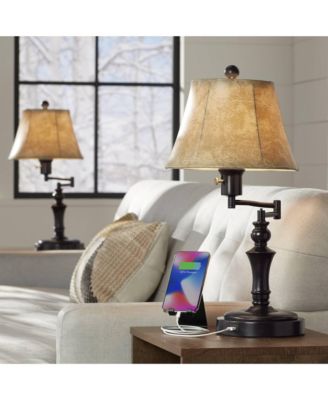 Traditional Swing Arm Desk Table Lamps 21.75" High Set of 2 with USB Port Bronze Metal Faux Leather Shade for Living Room Bedroom