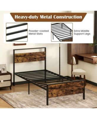 Twin Metal and Wood Platform Bed Frame with Headboard and Industrial Design