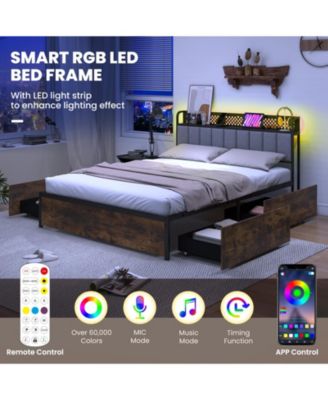 Bed Frame with LED Lights Upholstered Headboard Storage Drawers