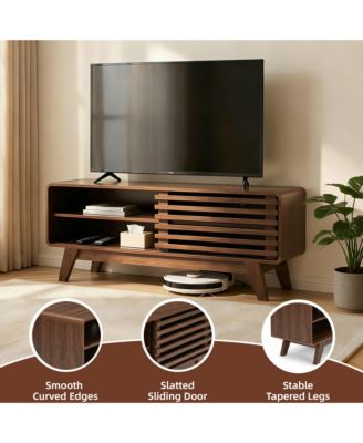 TV Stand with Slatted Sliding Door, Mid Century Modern Media Console Table for 50 Inch TV, Entertainment Center for Living Room