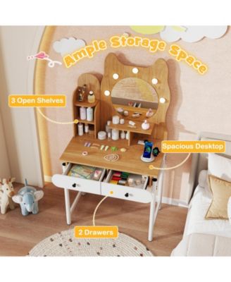 Small Vanity Desk with Round Lighted Mirror and Power Outlets