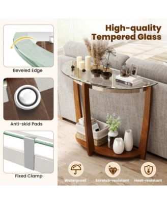 40 in Half-Moon Tempered Glass Console Table with Open Shelf