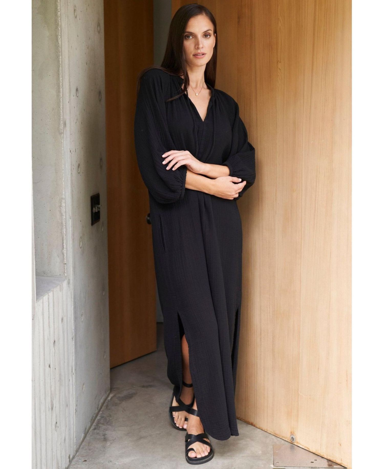 Women's Ocean+Main Avery Long Tie Neck Dress Gauze Caftan