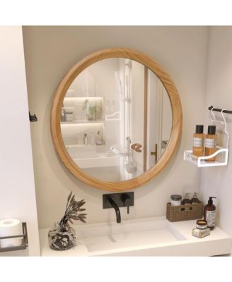 Natural Wood Round Wall Mirror, 23.62" Minimalist Decorative Mirror for Bathroom Vanity/Living Room (Sleek Solid Wood Frame)
