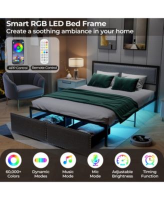 Queen Metal Platform Bed Frame with LED Lights and Storage Drawers