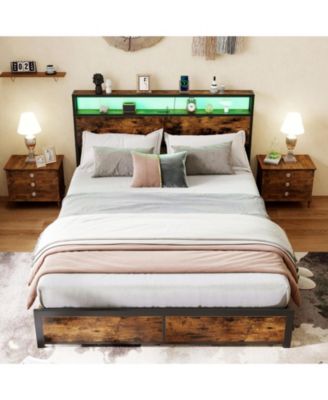 Queen Metal and Wood Bed Frame with LED Lights and Charging Station and Storage Drawers