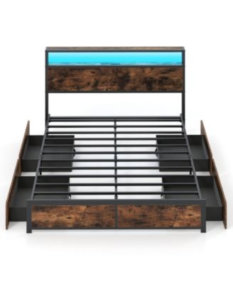 Queen Metal and Wood Bed Frame with LED Lights and Charging Station and Storage Drawers