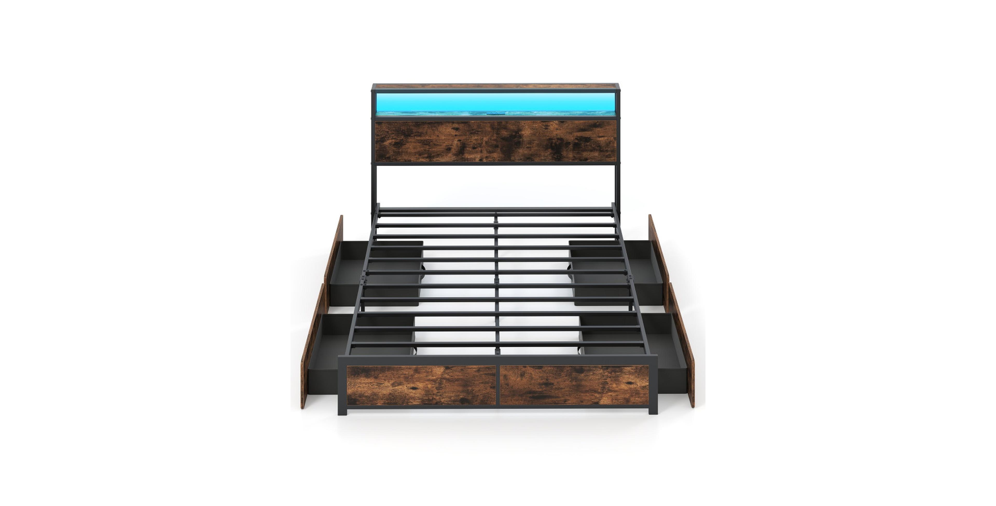 Gouun Queen Metal and Wood Bed Frame with Led Lights and Charging Station and Storage Drawers