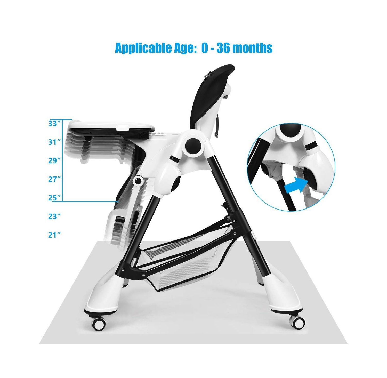 A Shaped Baby High Chair with Lockable Wheels