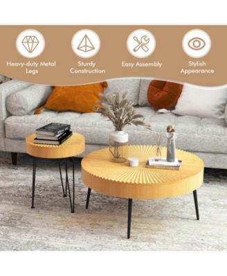 Wooden Coffee Table Set of Two with Metal Legs