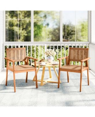 Acacia Wood Patio Dining Chairs Set of Two with Rattan Design